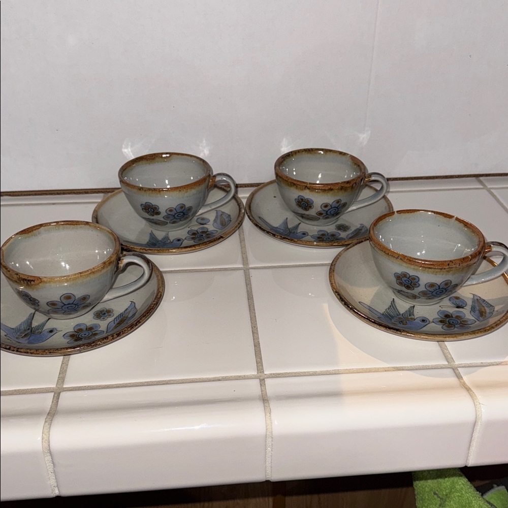 Ken Edwards Mexican TONALA POTTERY El Palomar 4 piece cup & saucer #3 🐈‍⬛
